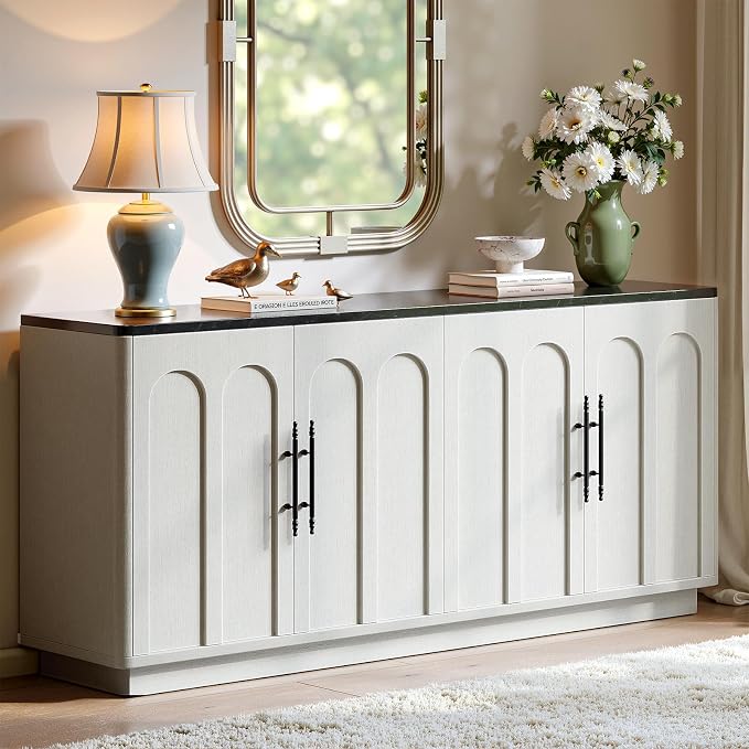 Evermagin 67" Arched Buffet Cabinet with Storage, Warm White 4-Door Sideboard Credenza, Mid Century Modern Storage Cabinet for Kitchen, Dining Room and Living Room, 67" W x 31.5" H x 15.7" D