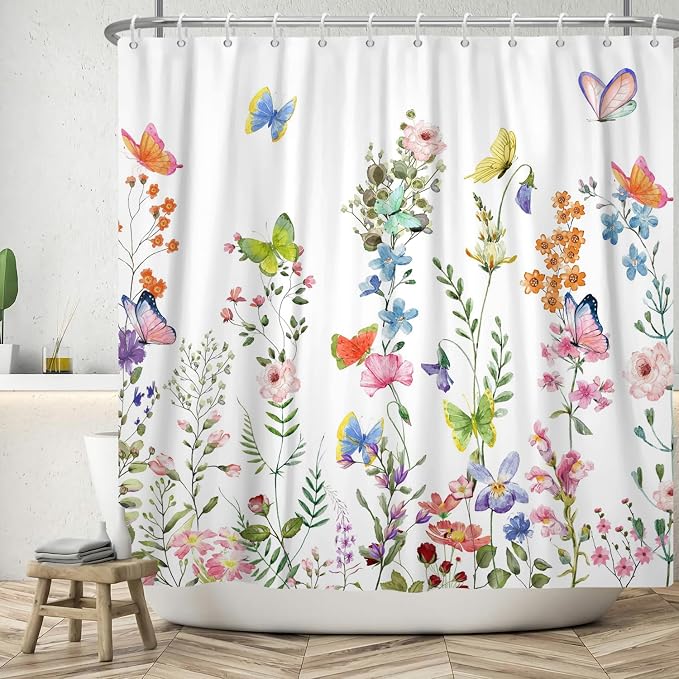 Spring Floral Butterfly Shower Curtain Summer Colorful Wildflowers Botanical Shower Curtain for Rustic Vintage Bathroom Decor Easter Shower Curtain Set 60x72 Inches