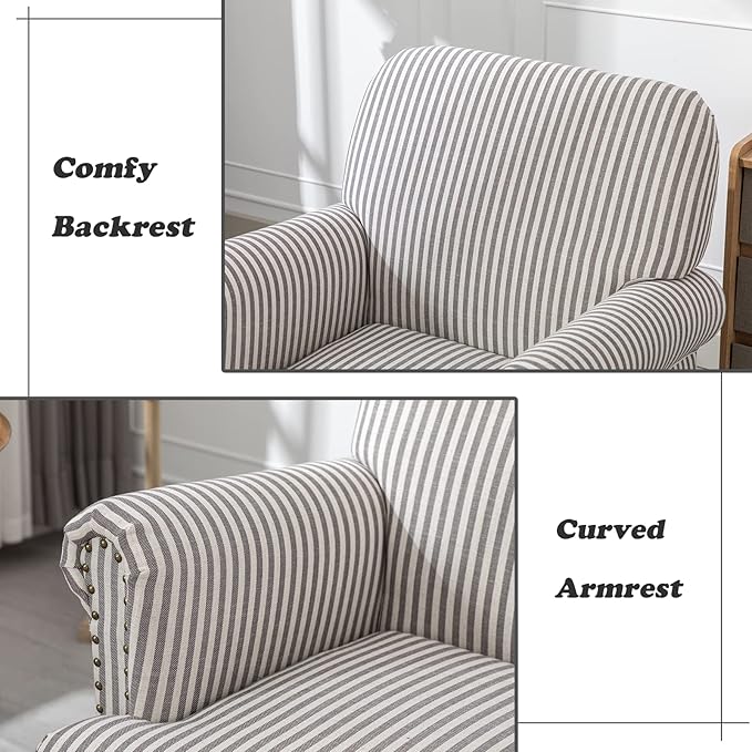 Linen Accent Chair Mid-Century Modern Living Room Armchair with Nailhead Trim & Wood Legs Comfy Upholstered Single Sofa Chair for Lounge/Bedroom/Reception, Black Stripe