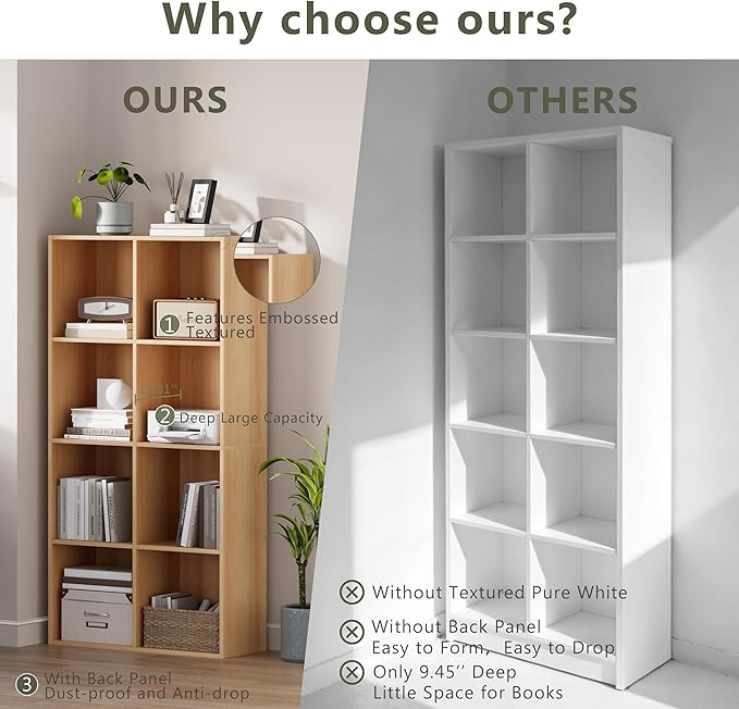 Wooden Storage Organizer with Closed Back Panel, 11in Cube Shelf Opening, Bookshelf, Display Shelf,Closet Cabinet for Home and Office (Natural Oak, 8-Cube 47.8L*9.45W*24.09H)