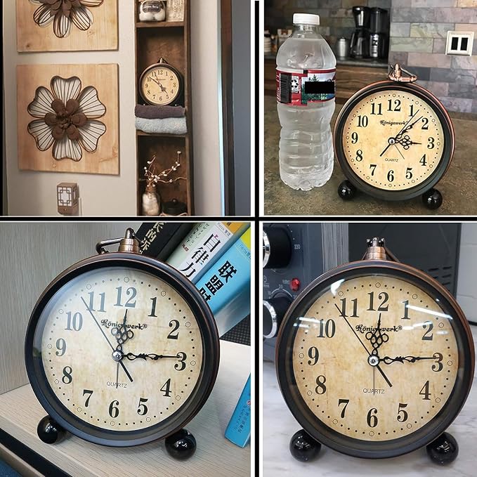 Vintage Analog Alarm Clock, 5.25 inch Small Silent Desk Clock with Night Light, Battery Operated for Table, Bedroom, Bedside, Living Room, Room Decor (Classic)