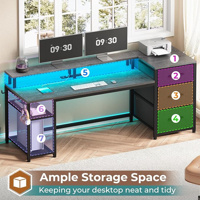 SEDETA 59" Office Desk with File Drawers, Reversible Computer Gaming Desk with Storage, LED Lights & Power Outlet, Home Office Desks for Printer, Grey