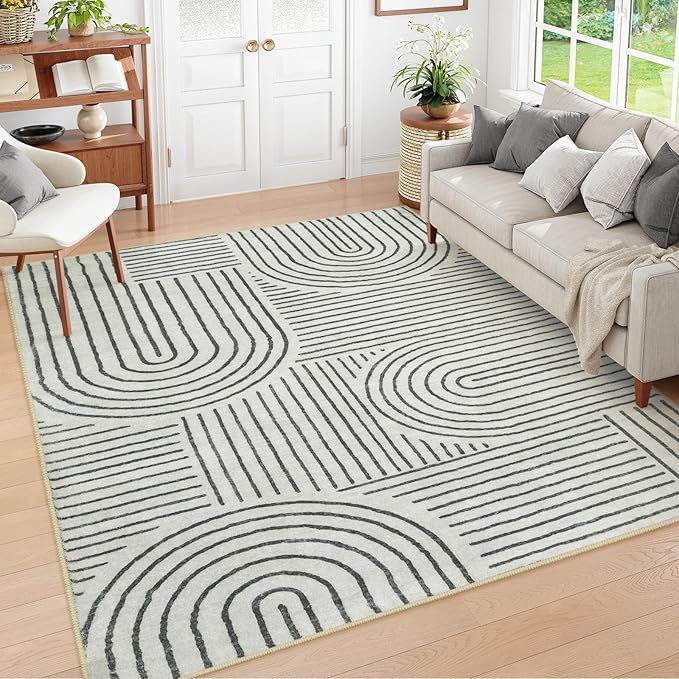 Lahome Abstract 10x14 Area Rugs for Living Room Bedroom, Soft Large Washable Rugs, Ultra-Thin Non-Slip Modern Dining Room Rug Non-Shedding Accent Carpet for Office Darrell, Grey/Beige