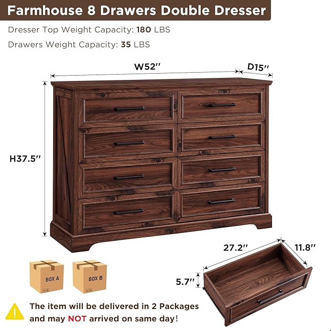 ACCOHOHO Farmhouse 8 Drawers Dresser Chests for Bedroom,52" Wide Wood Rustic Chest of Drawers with Metal Handle,Natural Texture,Drawer Organizer for Bedroom,Living Room,Hallway and Entryway,Brown