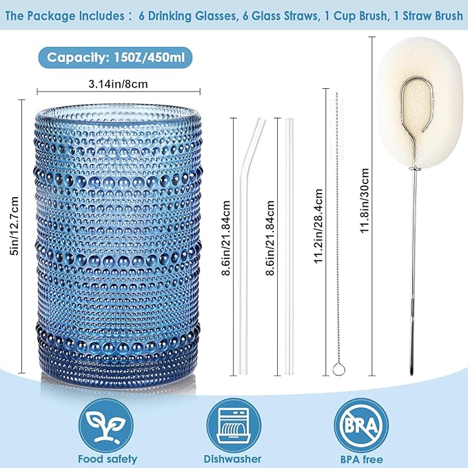 Large Hobnail Drinking Glasses Set of 6,15oz Blue Vintage Glassware,Embossed Glass Cups,Water Tumbler,Highball Glasses For Beer, Juice And Various Mixed Drinks