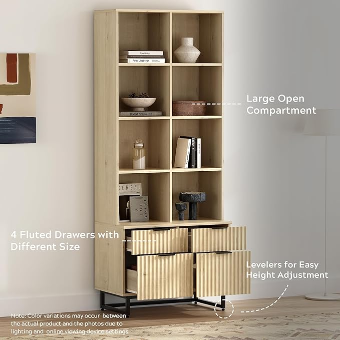 71" Bookshelf with Drawers, Fluted Tall Bookcase 4 Tier Wooden Display Cabinet with Storage Floor Standing, Mid Century Modern Bookshelves for Home Office Living Room Library (Light Oak)