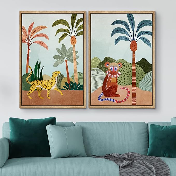 IDEA4WALL Framed Canvas Print Wall Art Set Wild Tropical Jungle Safari Cheetah & Monkey Nature Wilderness Digital Art Modern Art Decorative Animal for Living Room, Bedroom, Office - 16"x24"x2 Natural