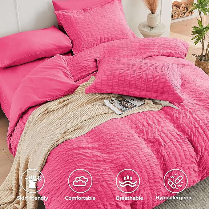 HYMOKEGE Hot Pink Twin Comforter Set Seersucker 5 Pieces, All Season Luxury Bed in a Bag for Bedroom, Bedding Set with Comforter, Sheets, Pillowcase & Sham