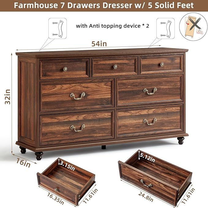 Farmhouse 7 Drawers Dresser Sets of 2 for Bedroom, Brown 54 Inch Wide Chest of Drawers w/ 4 Wooden Legs, Large Vintage Rustic Closet Dressers for Living Room, Wood TV Stand