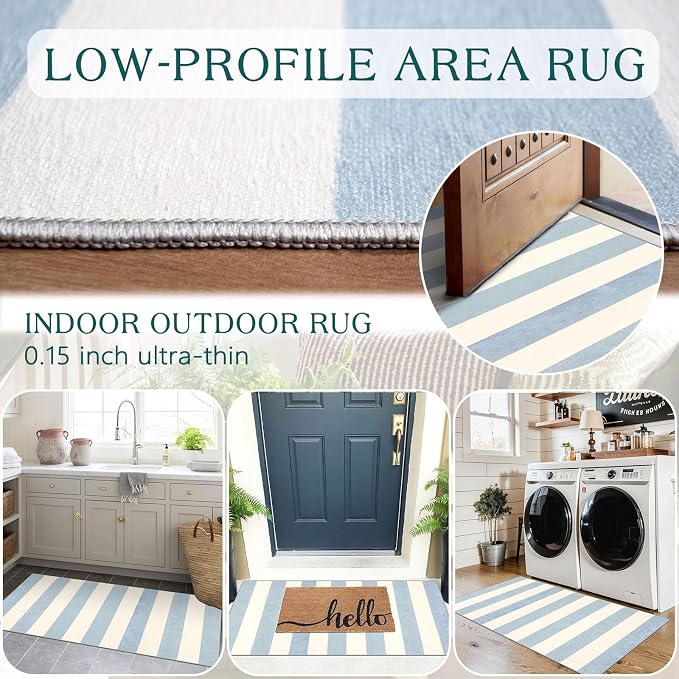 Front Door Mat Indoor Entrance - 2x4.3 Ft Washable Layered Doormat Outdoor Entrance Welcome Mat Front Porch Rug Non-Slip Blue White Striped Runner Rug for Kitchen Bedroom Front Porch Decor