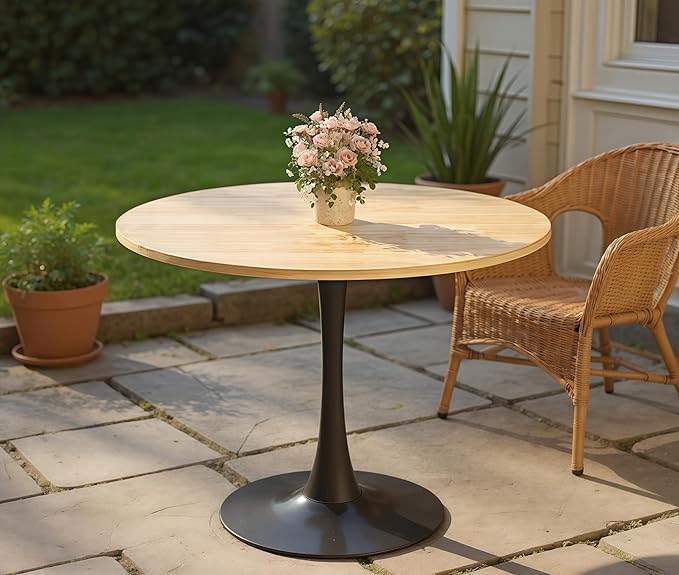 23.6 Inch Tulip Dining Table, Mid-Century Natural Wood Round Kitchen Table with MDF Tabletop and Pedestal Base, Modern Leisure Table for Small Space Kitchen Dining Room