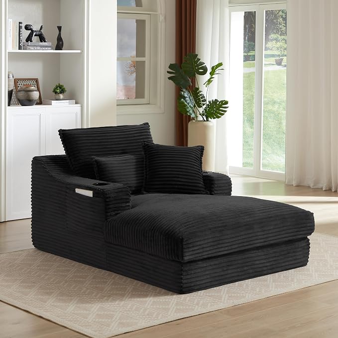 67" Oversized Chaise Lounge Chair Indoor, Boneless Cloud Couch with 3 Pillows, 2 Side Pockets and 2 Cup Holders, Corduroy Sleeper Sofa for Living Room Bedroom Reading Nook - Black | Breathable material
