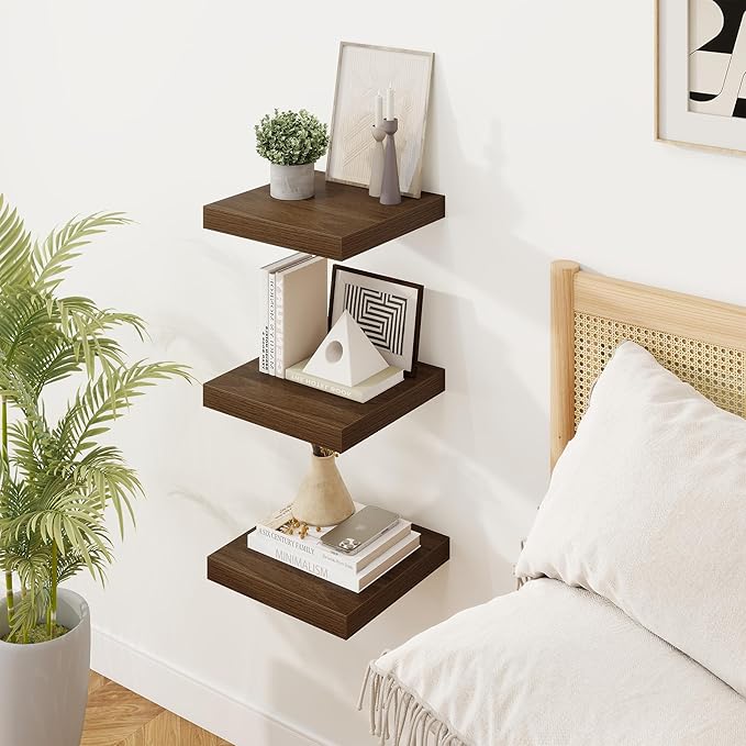 Square Floating Shelves for Wall, 10"W x 10"D x 1.25"H, 3 Packs Small Wall Mounted Engineered Wood Shelves with Invisible Brackets for Living Room, Bedroom, Bathroom, Kitchen Decor, Walnut