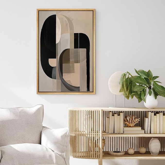MUDECOR Framed Canvas Print Wall Art Black & Beige Geometric Abstract Illustrations Mid-Century Modern Multicolor for Living Room, Bedroom, Office - 16"x24" NATURAL