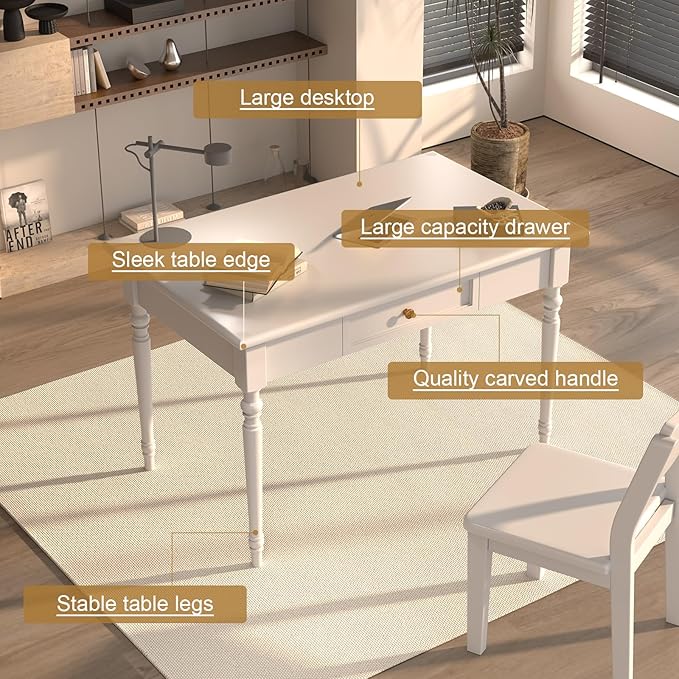 Solid Wood French Country Desk,Writing Desk with Storage Drawers,Farmhouse Computer Table Makeup Table Modern Simple Style,for Home Office Living Room Study Workspace Bedroom (White, 31.5IN)