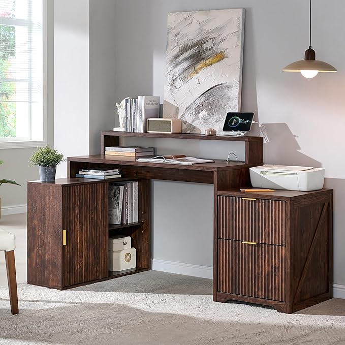 JXQTLINGMU 67" Modern L Shaped Desk with Storage Cabinet & Drawers, Wood Home Office Desk with Power Outlets, Fluted Computer Writing Desk, Dark Walnut