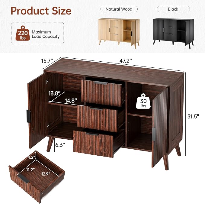 47.2" Fluted Sideboard Buffet Cabinet with 3 Drawers, Walnut Modern Buffet Cabinet with Storage, Large Storage Cabinets with 2 Doors Accent Credenza for Living Room|Kitchen|Entryway