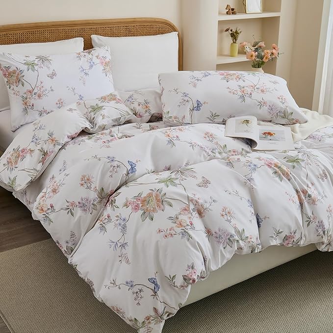100% Cotton Duvet Cover Queen Size – Elegant French Romantic Floral Duvet Cover Set with Zipper Closure, 3-Piece Soft Breathable Durable Percale Cotton Bedding Set for All Seasons