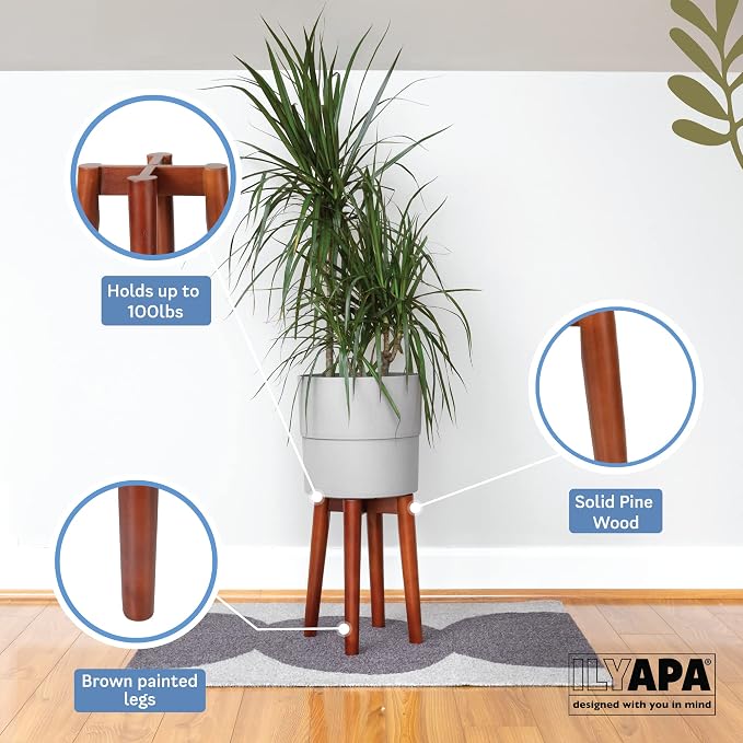 Ilyapa Indoor Plant Stand - Mid Century Modern Floor Planter Stand, 12 Inch Tall, 9.5 Inch Wide Walnut Stain Pot Riser - Plants Display Rack
