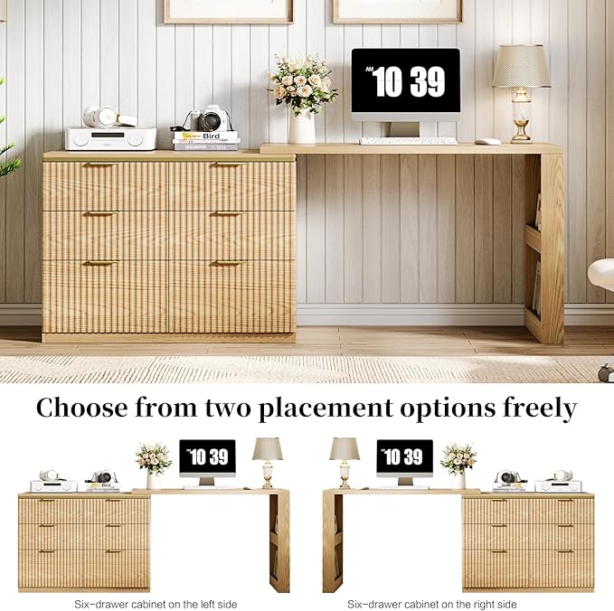 Ieejdn L Shaped Expandable Desk,47" Home Office Desks, Executive, Farmhouse Computer Desk with 6 Drawers File Drawer, Rustic Computer Writing, Oak