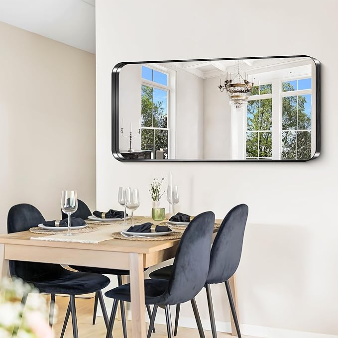 CIRCUMI Black Bathroom Mirror, 24"x48" Rectangular Mirror with Deep Metal Frame, Rounded Corner, Tempered Glass, Large Mirror for Wall, Over 2 Sinks, Installed Vertically/Horizontally, Crystal-Clear