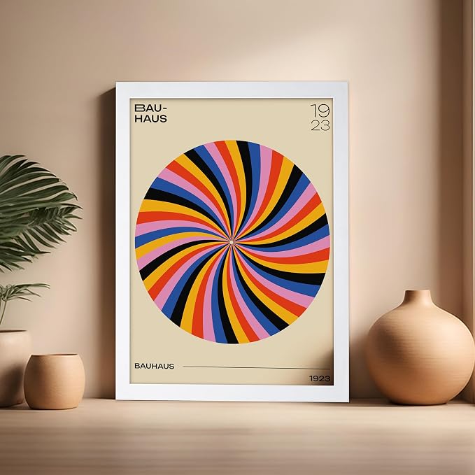 Poster Master Bauhaus Poster - Spiral Colors Print - Geometric ART - Abstract ART - Psychedelic Style - Chic Boho - Mid Century Modern - Living Room or Bedroom Decor - 16x20 White Framed