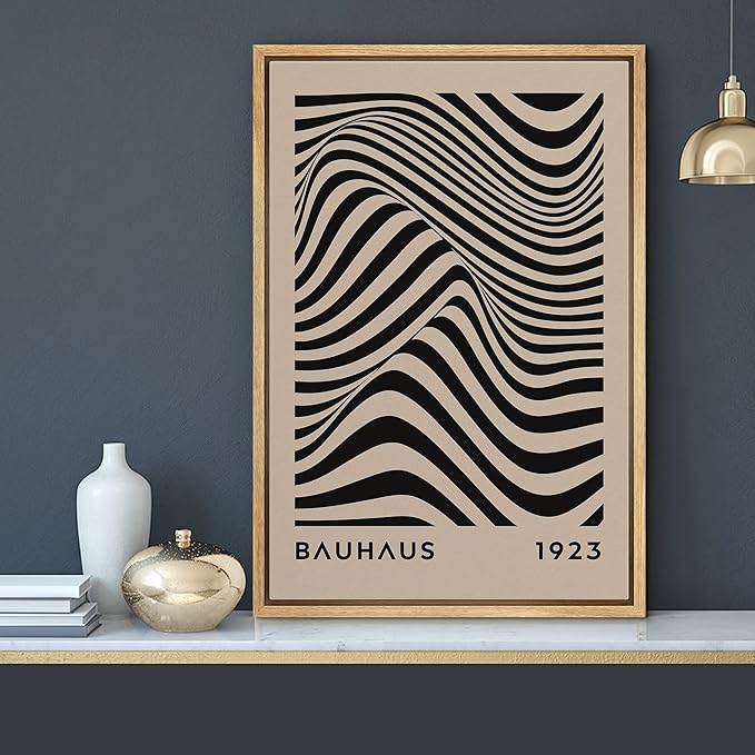 MUDECOR Framed Canvas Print Wall Art Mid-Century Bauhaus Black Stripe Illusion Shapes Abstract Illustrations Modern Art Minimal Multicolor Relax/Calm for Living Room, Bedroom, Office - 16"x24" NATURAL