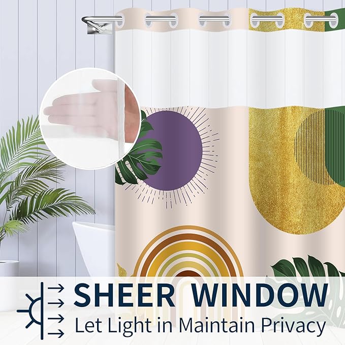 No Hook Shower Curtain,Purple and Green Plant,Mid Century Farmhouse,Modern Geometric Sun,Double-Layered Shower Curtain with High Visibility Window,White Lining Detachable,71x74Inch