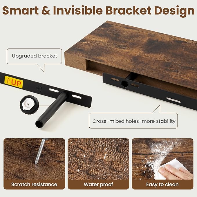 72 Inch Floating Shelves for Wall, 8 Inch Deep Floating Shelf for Storage & Display, Wall Mounted Shelf with Invisible Brackets for Living Room, Kitchen, Bathroom, Home Decor, Set of 2, Rustic Brown