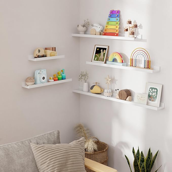 Vivelove Picture Ledge Shelf, Solid Pine Wood Rustic Floating Shelves for Wall, 24 Inch Floating Shelves with Lip for Bedroom Kitchen Living Room Nursery Display Wall Decor, Set of 2 (White)