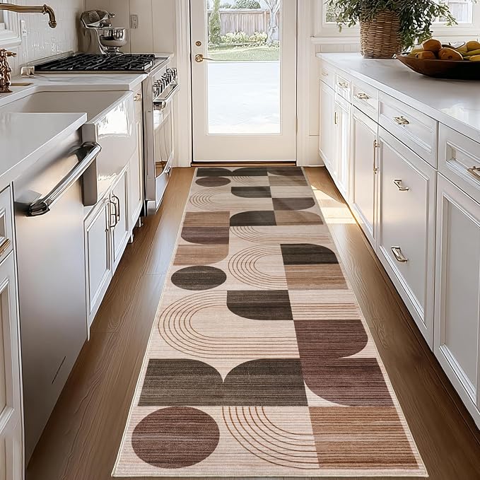 Machine Washable 2.7x8 Runner Rug, Soft Modern Geometric Abstract Brown Rugs for Bedroom Living Room, Non-Shedding Faux Wool Indoor Throw Floor Carpet for Office Entryway Dining Room Decor