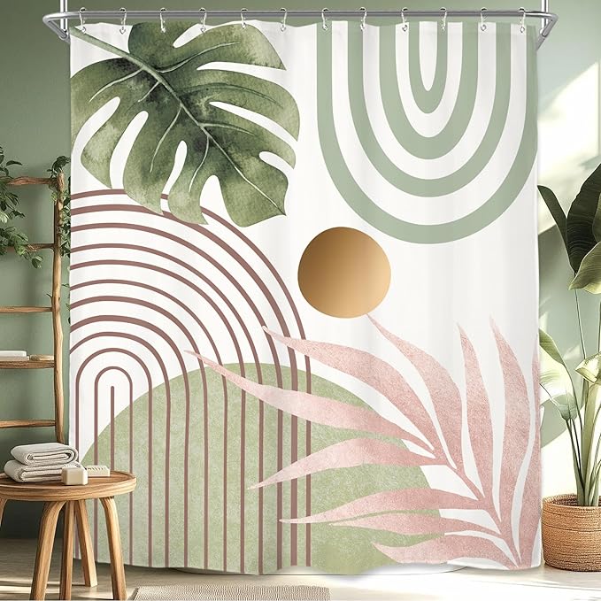 Miyotaa Pink Green Abstract Minimalist Shower Curtain Set 60Wx71H Inches Aesthetic Modern Mid Century Contemporary Plant Leaves Monstera Geometric Waterproof Bathroom Curtain with 12 Hooks
