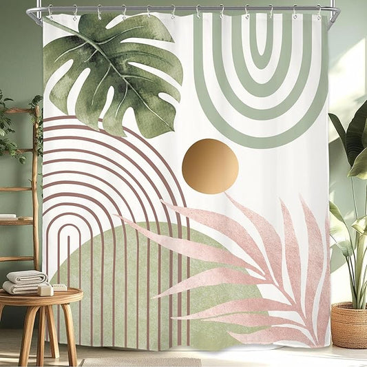 Miyotaa Pink Green Abstract Minimalist Shower Curtain Set 60Wx71H Inches Aesthetic Modern Mid Century Contemporary Plant Leaves Monstera Geometric Waterproof Bathroom Curtain with 12 Hooks