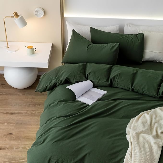JIYUAN 100% Washed Cotton Duvet Cover Set 3 PCS Oversized King Plus, 1 Duvet Cover 128"x120"(Comforter Not Included) and 2 Pillowcases,Linen Feel Bedding Set Comfy and Breathable,Forest Green