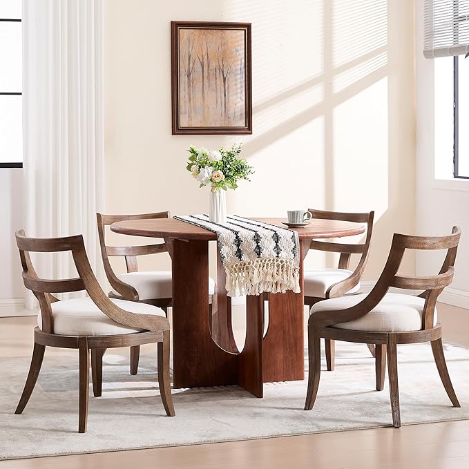 Modern Farmhouse Dining Chairs Set of 2 Mid Century Upholstered Dining Chair with Wooden Curved Back Kitchen Chairs for Dining Room Restaurant Cafe, Brown Walnut Colored-Linen Beige
