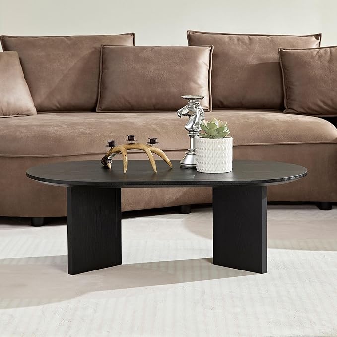 SSLine Mid-Century 39.37" Oval Coffee Table with Pedestal Base Black Wood Grain Top Cocktail Center Table for Living Room Bedroom