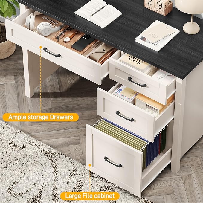 Farmhouse 47" Executive Desk, Computer Desk with File Drawer and Charging Station, Workstation for Home Office, Study.Black
