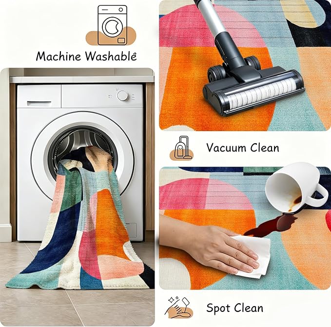 9x12 Colorful Area Rug Modern Abstract Orange Yellow Pink Blue White Beige Black Bedroom Rug Low Pile Thin Large Carpet Living Room Non Slip Dining Room Stain Resistant Office Washable Machine