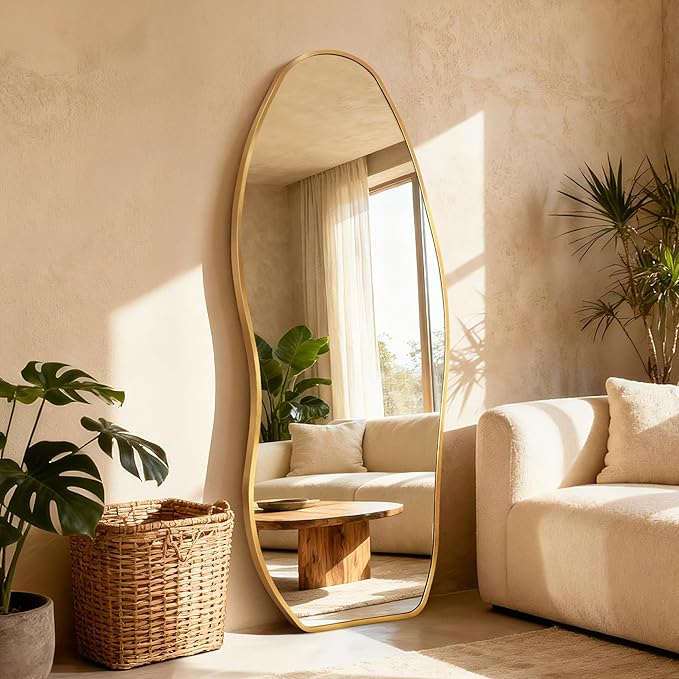 Mirror Full Length - Irregular Full Body Mirror Standing or Leaning or Wall Hanging 63"x 24" Asymmetrical Aviation Aluminum Alloy Frame Unique for Bedroom, Living Room, Cloakroom, Entryway