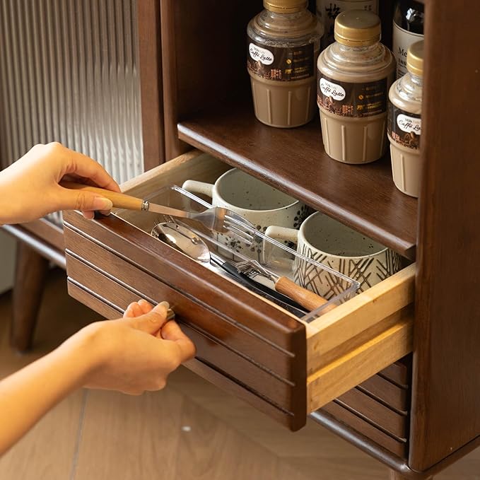 Sideboard Buffet Cabinet with Storage, 100% Solid Rubberwood Wood Coffee Bar with Glass Door & 2 Drawers, Wooden Kitchen Display Cabinet with Adjustable Shelf for Dining Room, Living Room