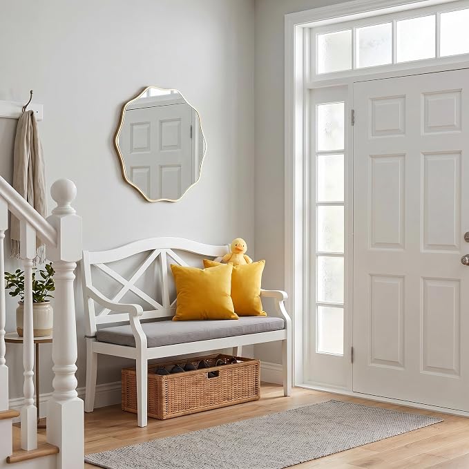 PERFNIQUE Gold Scalloped Mirror, 24'' Round Wall Mirrors Wavy Wood Framed for Bathroom Nursery Bedroom Living Room Entryway, Decorative Modern Wall Decor