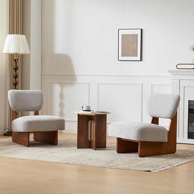 Accent Chairs Set of 2, Mid-Century Modern Chair with Polyester Upholstery, Wood Base with Walnut Finish, Minimalist and Stylish Accent Seating for Living Room, Bedroom, Balcony (Walnut+Gray)