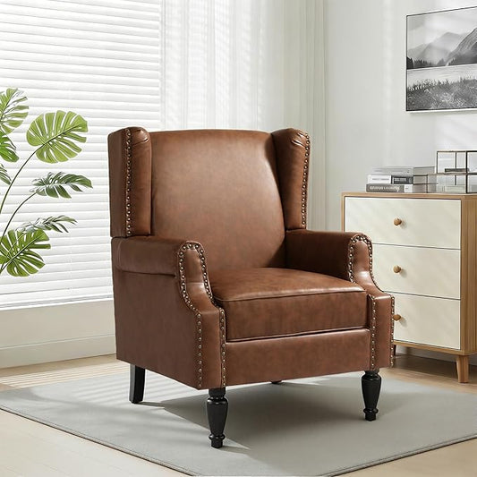 Faux Leather Wingback Chair, High Back Accent Chair, Comfy Upholstered Armchair with Nailhead Trim for Living Room, Single Sofa Reading Chair for Small Spaces, Bedroom-P Brown