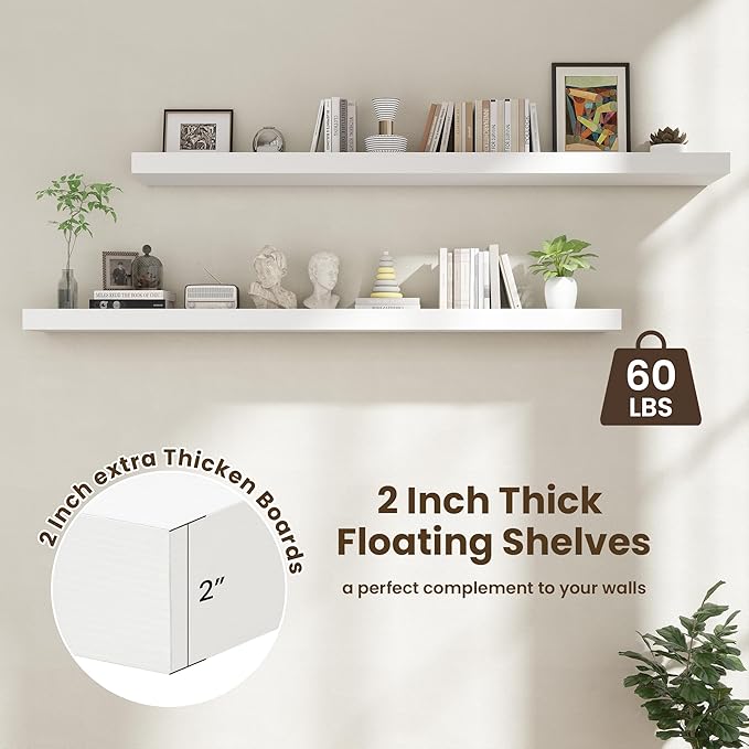 72 Inch Floating Shelves | 12 Inch Deep White Floating Shelves Set of 2 | 72" W x 12" D Rustic White Wood Wall Shelves for Bathroom Living Room Kitchen Laundry Room