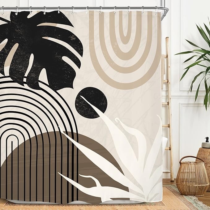 Miyotaa Abstract Light Brown Tan Shower Curtain Set 60Wx71H Inches Minimalist Aesthetic Modern Contemporary Plant Leaves Polyester Waterproof Cloth Bathroom Curtain with 12 Hooks