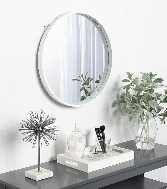 Kate and Laurel Travis Round Wood Wall Mirror, 21.6" Diameter, White, Modern Wall Décor Accent
