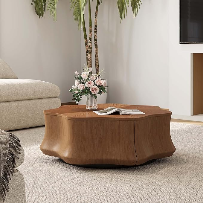 32.48" Flower - Shaped Coffee Table for Living Room, Fully-Assembled Mid Century Modern Center Small Table with Hidden Storage Drawer for Living Room, Apartment & Small Space