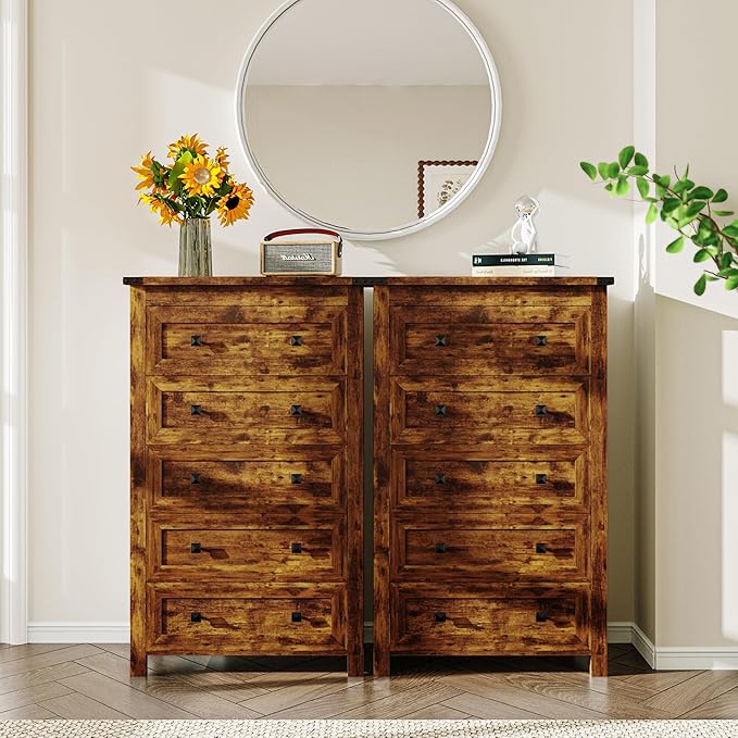 Brown Dresser Tall 5 Drawer Dresser for Bedroom, Wooden Dressers & Chests of Drawers with Metal Handles, Modern Storage Cabinet and Organizer Drawers for Living Room, Hallway