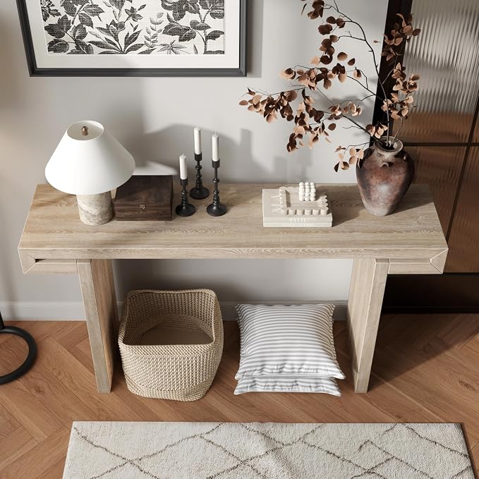 Wood Console Table, 60" Retro Long Sofa Table Behind Couch with Real Wood Veneered, Farmhouse Wooden Narrow Sofa Table Hall Table for Living Room Foyer Entrance Entryway, Natural