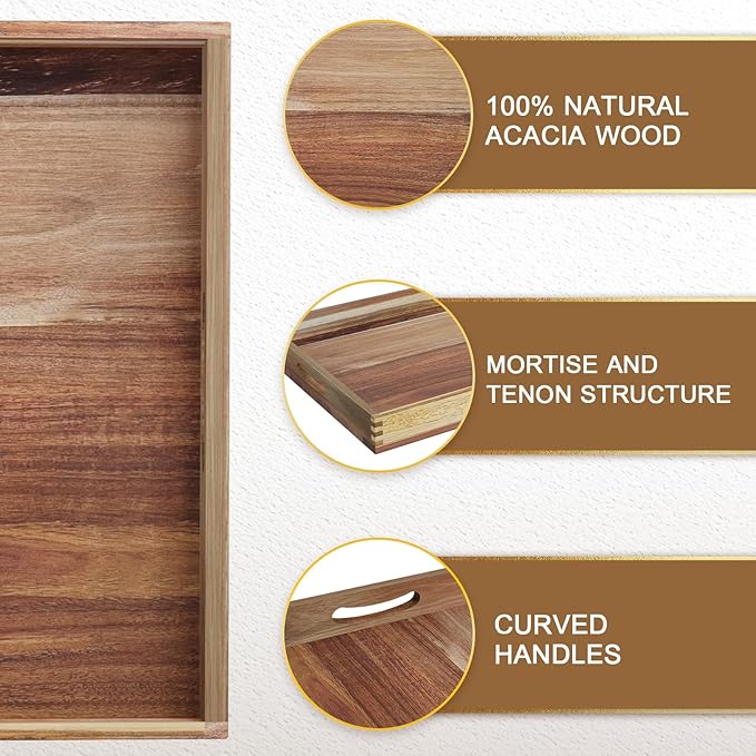 MAONAME Extra Large Ottoman Tray, 22 x 18 inches Acacia Wooden Serving Tray for with Handles,Farmhouse Wooden Decorative Trays, Coffee Table Trays for Living Room, Countertop, Charcuterie